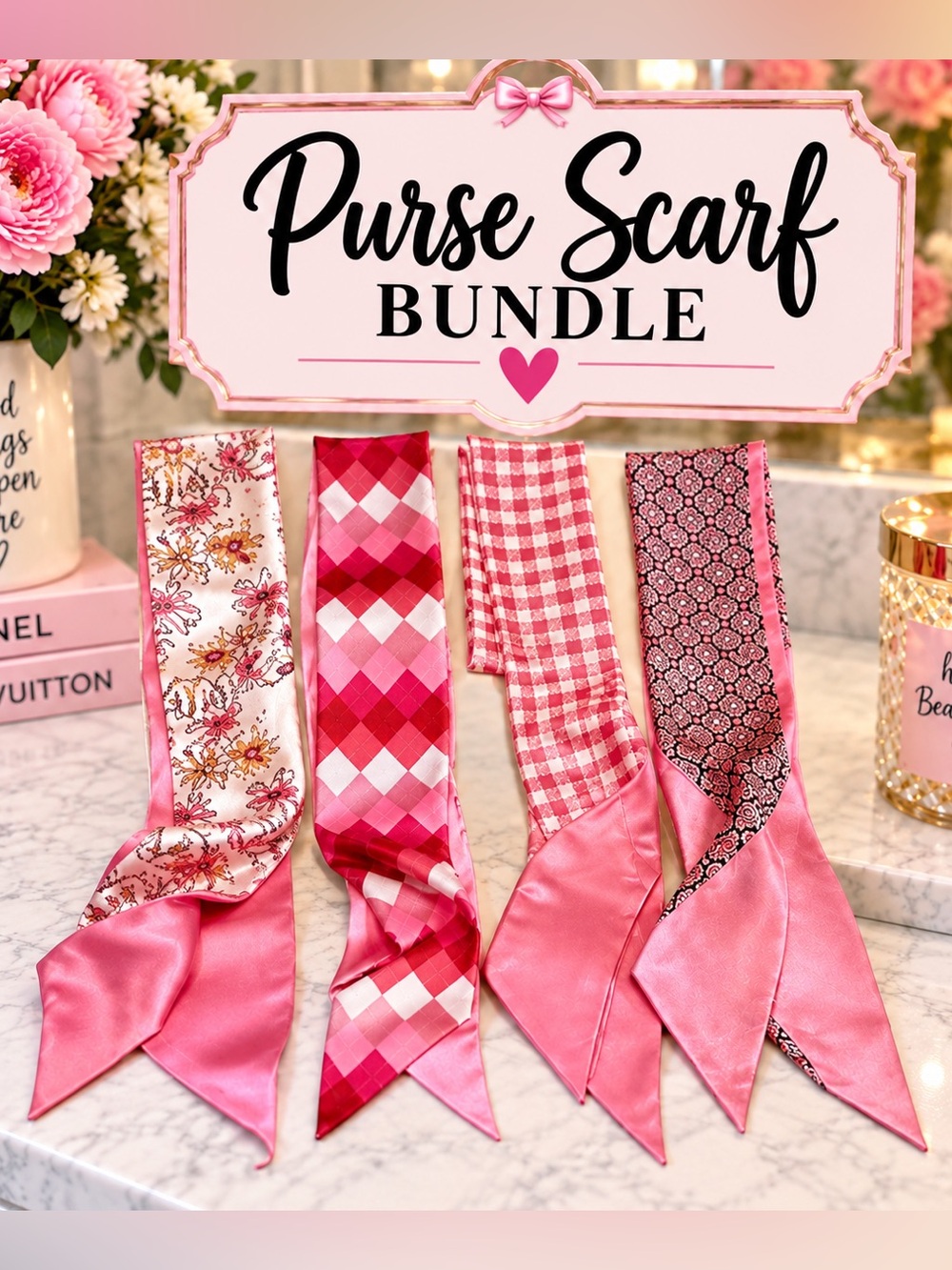 Purse Scarf Bundle - Pink, Blue, Green, White Patterned Twilly Scarves